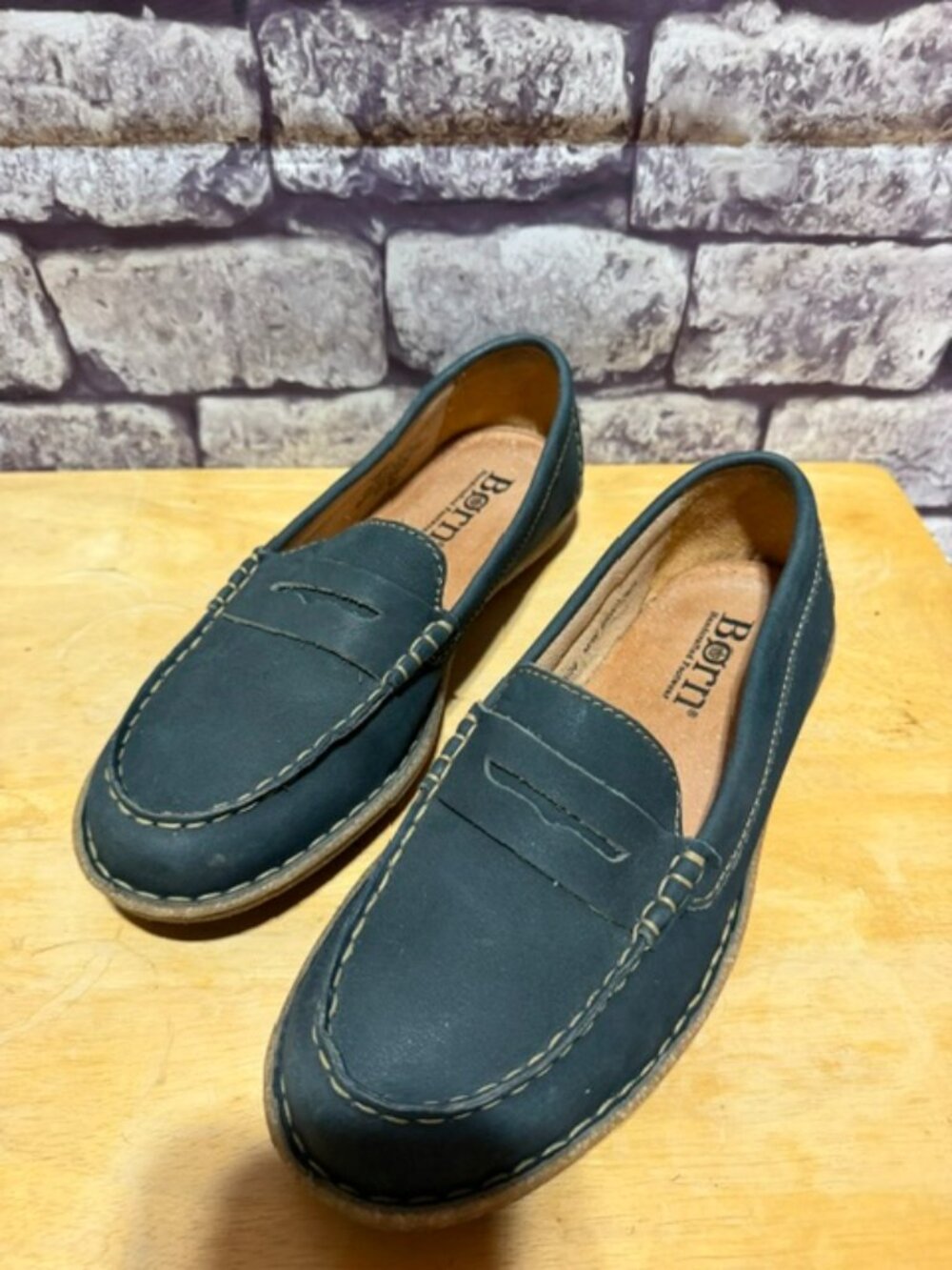 Born Navy Leather Upper Slip On Loafers Size 8